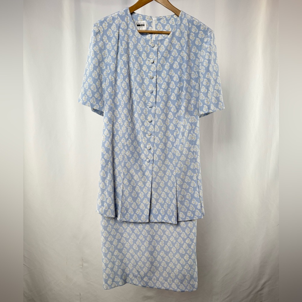Vintage Leslie Fay Daisy Print Short Sleeve Dress in Blue White Size 16
